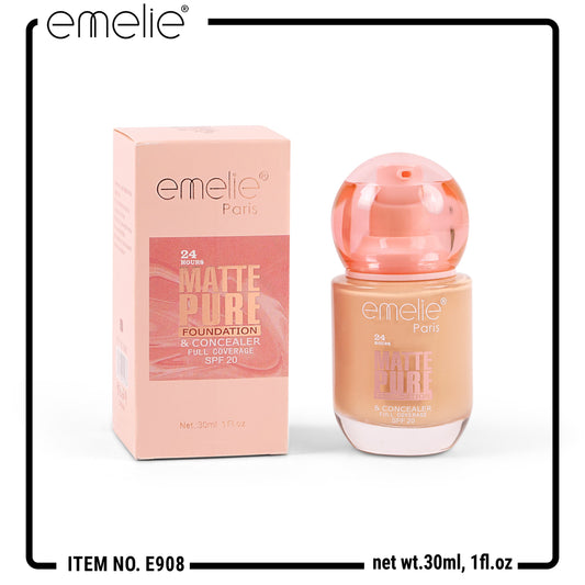 Emelie 24HR Matte Pure Foundation & Concealer – Full Coverage, SPF 20 (30ml)