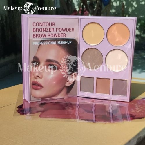 Mocallure 5 Step Makeup palette with color swatches on a reflective surface, branded 'Makeup Venture'.