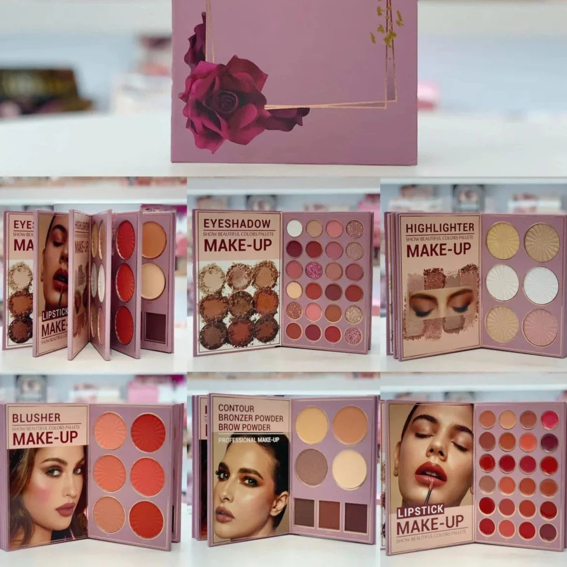 Mocallure 5 Step Makeup palette collection with various shades and names on a blurred background